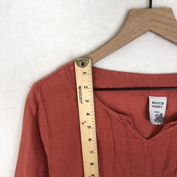 MATCH POINT 100% Linen Tunic Top Sz L Coral 3/4 Slv Boho Lagenlook USA Made - Picture 5 of 10